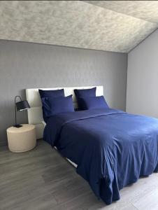 a bedroom with a bed with blue sheets and a ceiling at La Maison du Rond-Buisson in Maîche