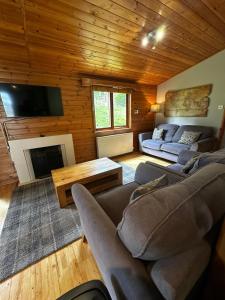 a living room with couches and a tv and a fireplace at The Retreat in Berrynarbor