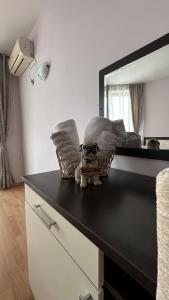 W łazience znajduje się czarny blat z lustrem. w obiekcie Sea view Apartment South Beach Tsarevo w Carewie