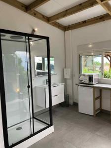 a bathroom with a glass shower and a microwave at Dépendance Bois de Nèfles St Paul in Saint-Paul