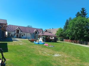 a yard with a fountain in the middle of a house at Agroturystyka nad potokiem in Domaszków