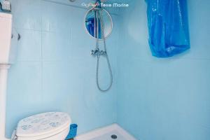 een douche in een blauwe badkamer met toilet bij La Goletta, Terre Marine in La Spezia