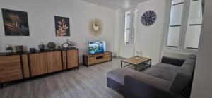 a living room with a couch and a tv at Vierzon superbe appartement in Vierzon