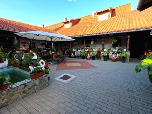 a patio with plants and an umbrella in front of a building at Mehadica House in Mehadica