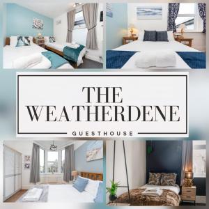 Un collage de fotos de un dormitorio con una cama y el Weathererine. en The Weatherdene, en Great Yarmouth