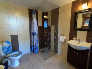 a bathroom with a toilet and a sink and a shower at Mehadica House in Mehadica