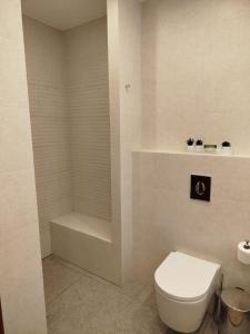 a white bathroom with a toilet and a shower at Villa Nefeli in Kalabaka +14 photos