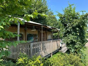 a wooden house with a porch and trees at Koelioere Glamping Tent in Biddinghuizen