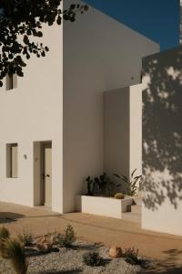 a white house with plants in a courtyard at Mazi Paros in Aliki