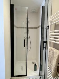 a shower with a glass door in a bathroom at Le petit traîne-feuilles in Saint-Aignan +7 photos