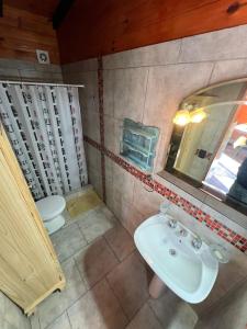 a bathroom with a sink and a toilet at Confortable cabaña con parrilla in Chascomús
