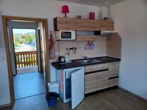 a small kitchen with a sink and a microwave at Apartmány Kojčice in Kojčice