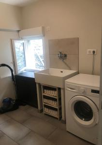 a bathroom with a sink and a washing machine at Standing au cœur de ville- Argelès-Gazost-140 m2-3étoiles in Argelès-Gazost