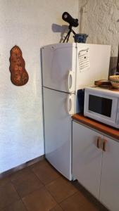 a white refrigerator in a kitchen next to a microwave at Panoramic lake view in Esparron-de-Verdon