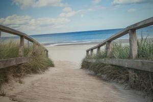 a wooden path to the beach with the ocean at Ferienwohnung Suite Relax - nur 3 Minuten vom Strand entfernt in Scharbeutz