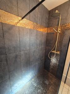 een badkamer met een douche met een glazen deur bij L'échappée Sensuelle in Thiviers