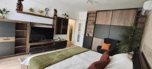 a bedroom with a large bed with a large television at Life Apartman in Makó