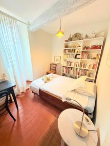 ein Schlafzimmer mit einem Bett und einem Bücherregal in der Unterkunft Les jardins de Montbazin in Montbazin