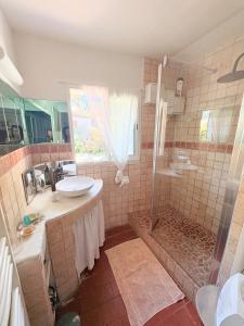 ein Badezimmer mit Waschbecken und Dusche in der Unterkunft Les jardins de Montbazin in Montbazin