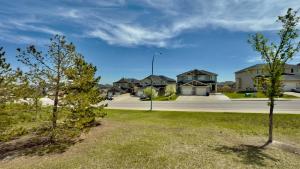 a yard with two trees in front of houses at The Panatella Pad /Guest’s Private Suite in Calgary
