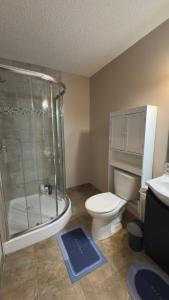 a bathroom with a shower and a toilet and a sink at The Panatella Pad /Guest’s Private Suite in Calgary