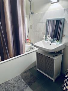 a bathroom with a sink and a tub and a mirror at Appartement agréable spacieux in Clermont-Ferrand +12 photos
