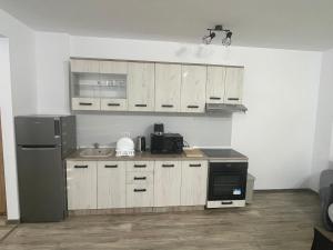 a kitchen with white cabinets and a black refrigerator at Răsărit la epava in Costinesti +6 photos
