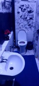 a bathroom with a white sink and a toilet at Mystic Experience Skyview Bamboo Cottage in Kathmandu