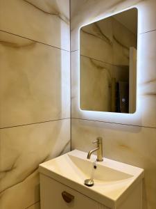a bathroom with a sink and a mirror at Alhambra House, Modern 2 Bed Flat - F2 in Croydon