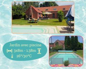 two pictures of a house and a swimming pool at La Vendegeoise - Gîte chaleureux 10P chez l'habitant - Jardin- Piscine ext chauffée partagée de mai à septembre in Vendegies-au-Bois