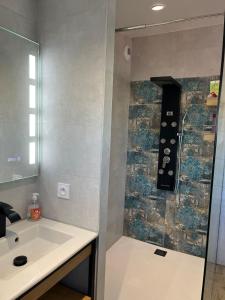 ein Badezimmer mit Dusche, Waschbecken und Ablage in der Unterkunft Villa les Tamaris in Gignac + 5 Fotos