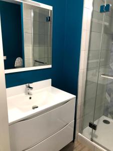 a bathroom with a white sink and a glass shower at Studio Argelès sur Mer in Argelès-sur-Mer