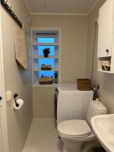 a white bathroom with a toilet and a window at Apartment in Tromsø in Tromsø