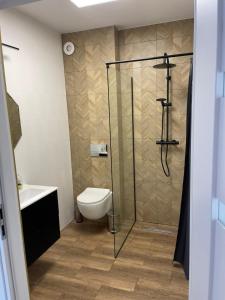 a bathroom with a toilet and a glass shower at Apartamenty Paradise in Tupadła +10 photos