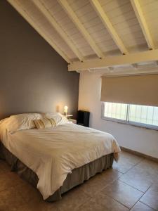 ein Schlafzimmer mit einem großen Bett in einem Zimmer mit Fenster in der Unterkunft Casa frente al museo MAR in Mar del Plata