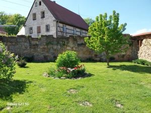 a yard with a stone wall and a house at Vorwerk Wehlen in Stadt Wehlen
