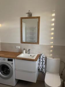 a bathroom with a sink and a washing machine at Warmińskie Lokum in Woryty +32 photos
