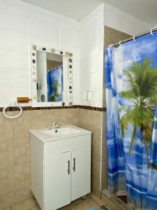 un bagno con lavandino e tenda da doccia di Mangomar Beach House a Teotepeque