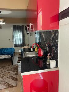 a kitchen with a sink and red cabinets at Cozy apartment in thessaloniki (2) in Thessaloniki