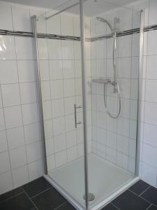 HergartenにあるFerienhaus Krukの浴室のガラス扉付きシャワー