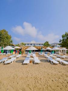 a group of lounge chairs and umbrellas on a beach at KUPALA BEACH HOTEL in Büyükkeçeli