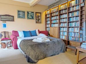 a living room with a couch and bookshelves at Warner Wood - Selsey in Selsey