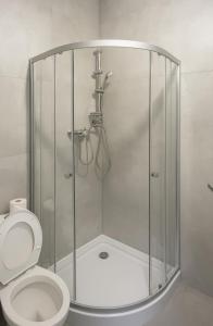 a shower stall with a toilet in a bathroom at Noclegi Gdynia Chrzanowskiego in Gdynia