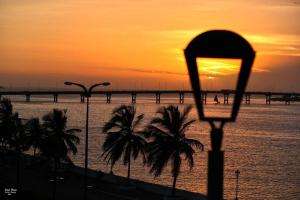 a street light with palm trees in front of the ocean at Hospedaria Colonial - Pousada e Hostel in São Luís