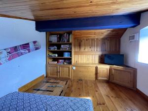 a room with a bed and a tv and wooden walls at Appartement Les Angles villages in Les Angles