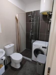 a bathroom with a toilet and a washing machine at U laguny 404 in Shëngjin +7 photos