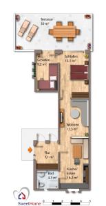 un plano de una casa en DeLuxe Wohnung am Tegernsee Gschwandtnerhof, en Festenbach