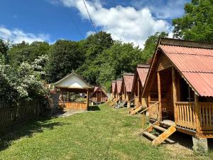 a row of wooden cabins are lined up in the grass at Cabanutele lui Toader in Ceahlău