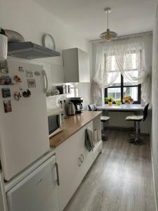 a kitchen with a refrigerator and a counter top at Sunny Hostel 49 in Wrocław