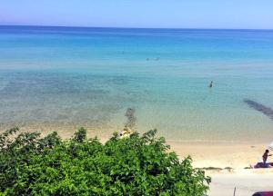 a beach with people swimming in the water at Psarou Thalassa Studios in Amoudi